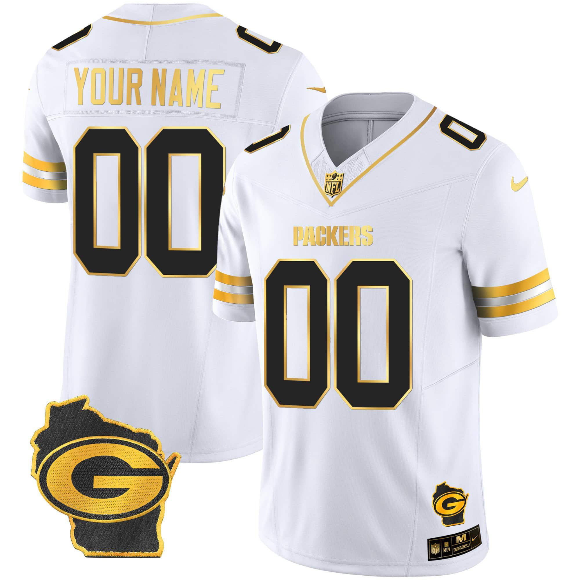 Men Green Bay Packers White Gold 2024 Nike Home Patch Vapor Custom NFL Jersey